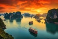 Halong bay at sunset, Vietnam. Panoramic view. Beautiful landscape Halong Bay view from adove the Bo Hon Island, AI Generated