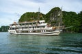 Halong bay with tourist junks and rocky islands. Popular landmark, famous destination of Vietnam Royalty Free Stock Photo