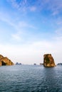 Halong Bay panorama vertical at sunset, UNESCO world natural heritage, Vietnam