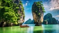 Halong Bay, Vietnam - famous travel destination in the world, Amazed nature scenic landscape of James Bond Island with a boat for