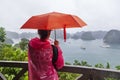 Halong Bay, Vietnam, a girl under an umbrella, stands on the observation deck, admiring the bay Royalty Free Stock Photo