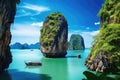 Halong Bay, Vietnam. The island is a tourist attraction. Amazed nature scenic landscape James bond island with a boat for traveler Royalty Free Stock Photo