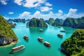 Halong Bay, Vietnam in a summer day with boats and blue sky, Beautiful landscape Halong Bay view from adove the Bo Hon Island, AI