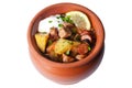 Halophyte with sausages, lemon and sour cream in a pot