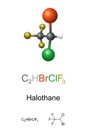 Halothane, ball-and-stick model, molecular and chemical formula