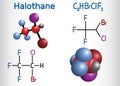 Halothane general anesthetic drug molecule. Structural chemical formula and molecule model