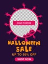 Halloween sale banner. Halloween background with tombstones, pumpkin, monster, haunted house and full moon. Invitation flyer or te Royalty Free Stock Photo