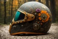 Haloween fantasy theme ornate motorcycle protective helmet closeup a the grounf in the forest. AI generated