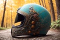 Haloween fantasy theme ornate motorcycle protective helmet closeup a the grounf in the forest. AI generated