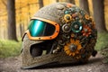 Haloween fantasy theme ornate motorcycle protective helmet closeup a the grounf in the forest. AI generated