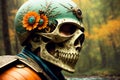 Haloween fantasy theme ornate motorcycle protective helmet closeup a the grounf in the forest. AI generated