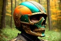 Haloween fantasy theme ornate motorcycle protective helmet closeup a the grounf in the forest. AI generated