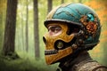 Haloween fantasy theme ornate motorcycle protective helmet closeup a the grounf in the forest. AI generated