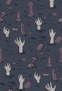 Haloween party horror seamless pattern. Spooky Dead monster hand out of grave on cementary, zombie silhouette illustration.  Scary Royalty Free Stock Photo