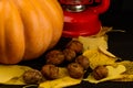 Haloween pumpkin with leafs hazelnuts Royalty Free Stock Photo