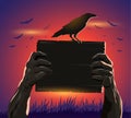 Haloween zombie hands holding a placard and crow Royalty Free Stock Photo
