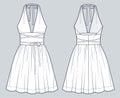 Halter Neck Dress technical fashion Illustration. Mini Dress fashion flat technical drawing template, draping, tie knot.