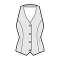 Halter vest pique waistcoat technical fashion illustration with backless, V-neckline, button-up closure, slim fit. Flat