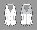 Halter vest pique waistcoat technical fashion illustration with backless, V-neckline, button-up closure, slim fit. Flat