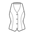 Halter vest pique waistcoat technical fashion illustration with backless, V-neckline, button-up closure, slim fit. Flat