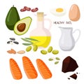 Halthy fats food. High fat food isolated on white. Olive oil and olives, avocado, fish and nuts., cream and chocolate