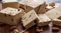 Halva almond nuts slices on wooden table background