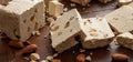 Halva almond nuts slices on wooden table background