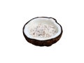 Halve coconut with meat slice inside isolated on white background.