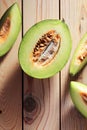 Halve melon and slices on wooden table. Royalty Free Stock Photo