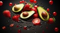 Halved avocado, tomato and strawberry on plain background. Skin care concept, cosmetics ingredients