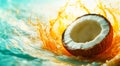 A halved coconut bursts into a vibrant splash of orange and blue liquid Royalty Free Stock Photo