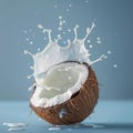 A halved coconut caught in a dynamic freeze-frame as milk splashes out, against a serene blue backdrop.