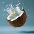 A halved coconut caught in a dynamic freeze-frame as milk splashes out, against a serene blue backdrop.