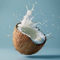 A halved coconut caught in a dynamic freeze-frame as milk splashes out, against a serene blue backdrop.