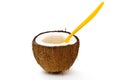 Halved coconut with orange spoon