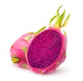 Halved dragonfruits with purple flesh isolated on white