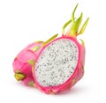 Halved dragonfruits with white flesh isolated on white