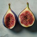 The halved fresh fig displays a deep purple outer layer and a bright red inner layer against a white backdrop Royalty Free Stock Photo
