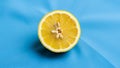 A halved lemon is centered on a smooth blue fabric background Royalty Free Stock Photo