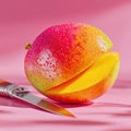 Halved mango with dew drops on pink surface. Royalty Free Stock Photo