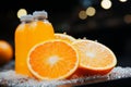 A halved orange and a citrus slice, complete with an icy refreshment