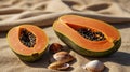 Exotic Papaya Halves on Beach Sand with Seashells, a Tropical Vacation Still Life Royalty Free Stock Photo