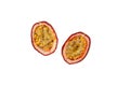 Halved Passion Fruit On White Background. Design Element. Tropical Fruit. Delicious Juicy Pulp For Preparing Desserts And