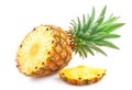 Halved pineapple with green leaves isolated on white