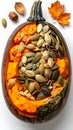 Halved Pumpkin with Seeds and Roasted Pumpkin Pieces on White Surface Royalty Free Stock Photo