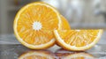 Halved and quartered orange on a reflective surface.