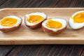 Halved ramen eggs