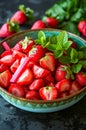 Halved Strawberries, rhubarb and Fresh Mint in a Rustic Ceramic Bowl