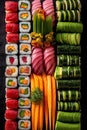 Halved sushi rolls arranged in diagonal lines