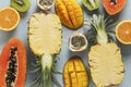 Halves of tropical fruits: papaya, mango, pineapple, kiwi, orange and passion fruit on a light blue background, Top view Royalty Free Stock Photo